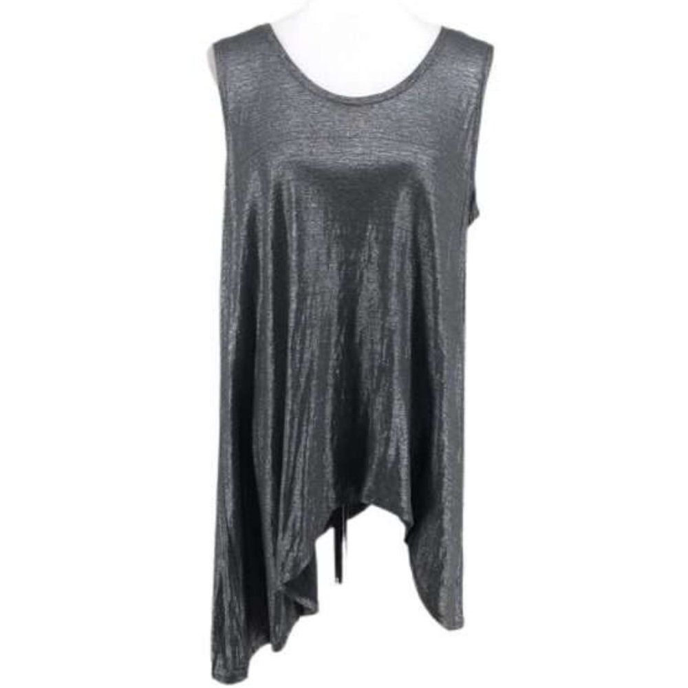 EILEEN FISHER Ash Silver Metallic Shimmer Linen Asymmetrical Jersey Tank Top Lg